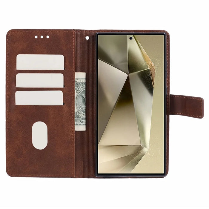 For Samsung Galaxy S24 Ultra Case Solid Color PU Leather Stand Wallet Phone Cover with Wrist Strap - Brown - 2