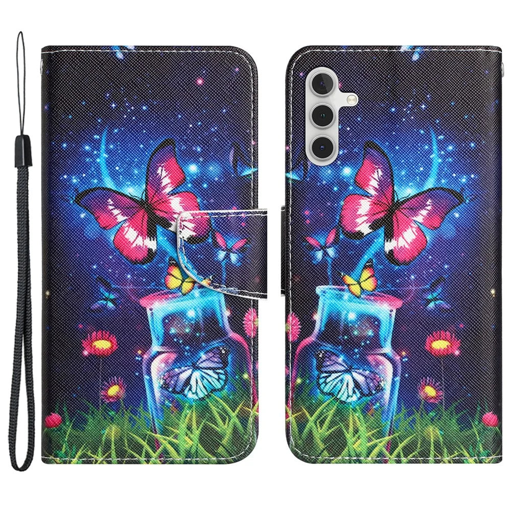 For Samsung Galaxy A15 5G Case Leather Wallet Cover with Pattern Printing - Bottle and Butterfly - 1