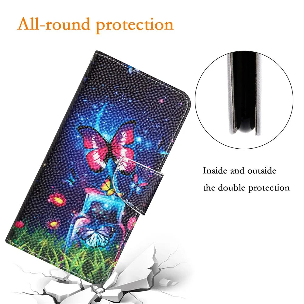 For Samsung Galaxy A15 5G Case Leather Wallet Cover with Pattern Printing - Bottle and Butterfly - 5