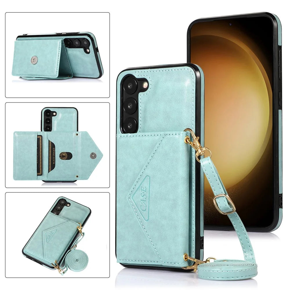 For Samsung Galaxy A14 5G / 4G Case Card Holder Kickstand PU Leather+TPU Crossbody Cover - Green - 6