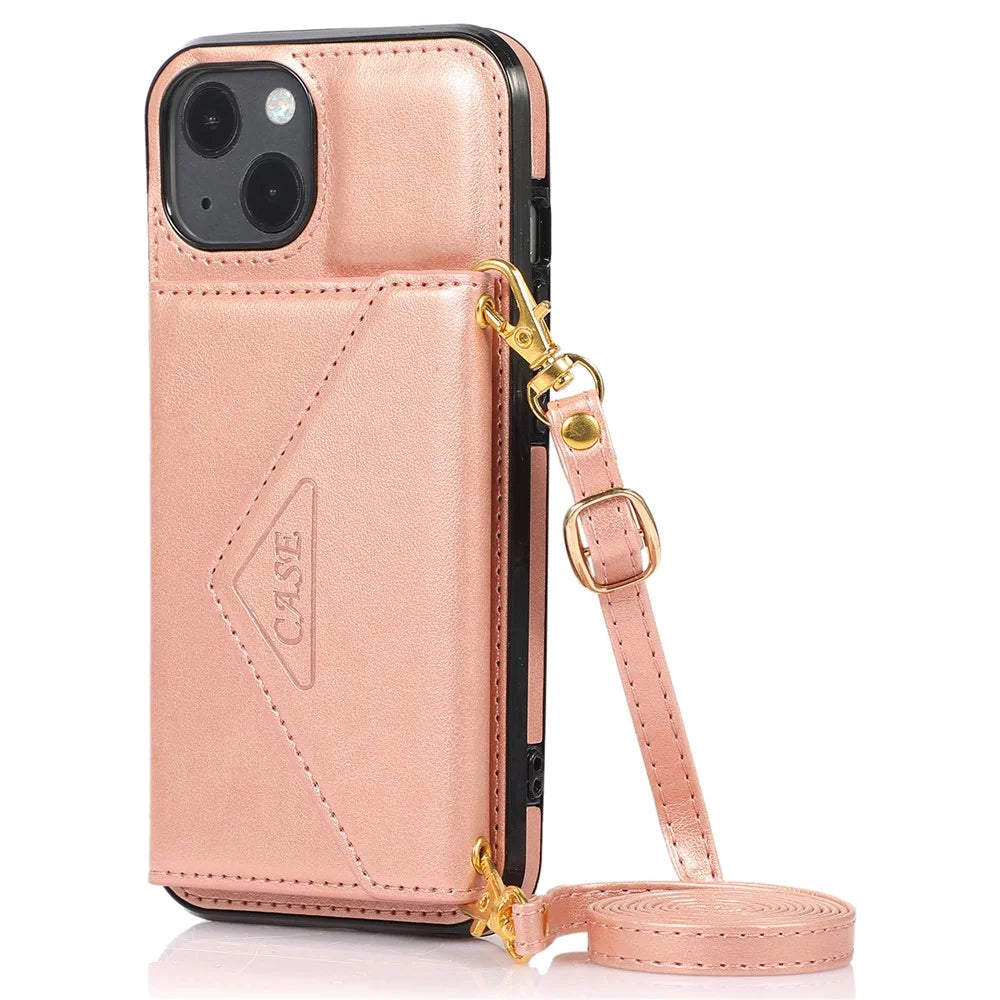 For iPhone 13 6.1 inch Cell Phone Case Card Bag Design PU+TPU Cover with Shoulder Strap - Rose Gold - 1