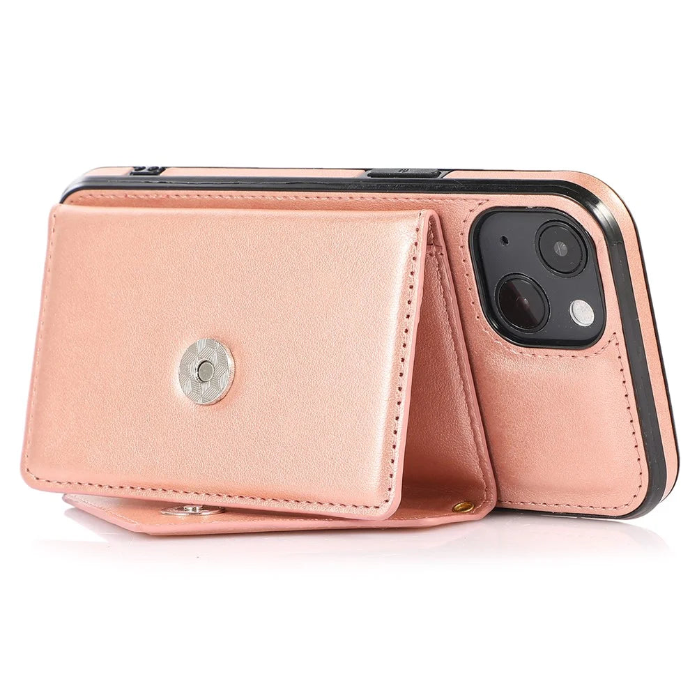 For iPhone 13 6.1 inch Cell Phone Case Card Bag Design PU+TPU Cover with Shoulder Strap - Rose Gold - 2