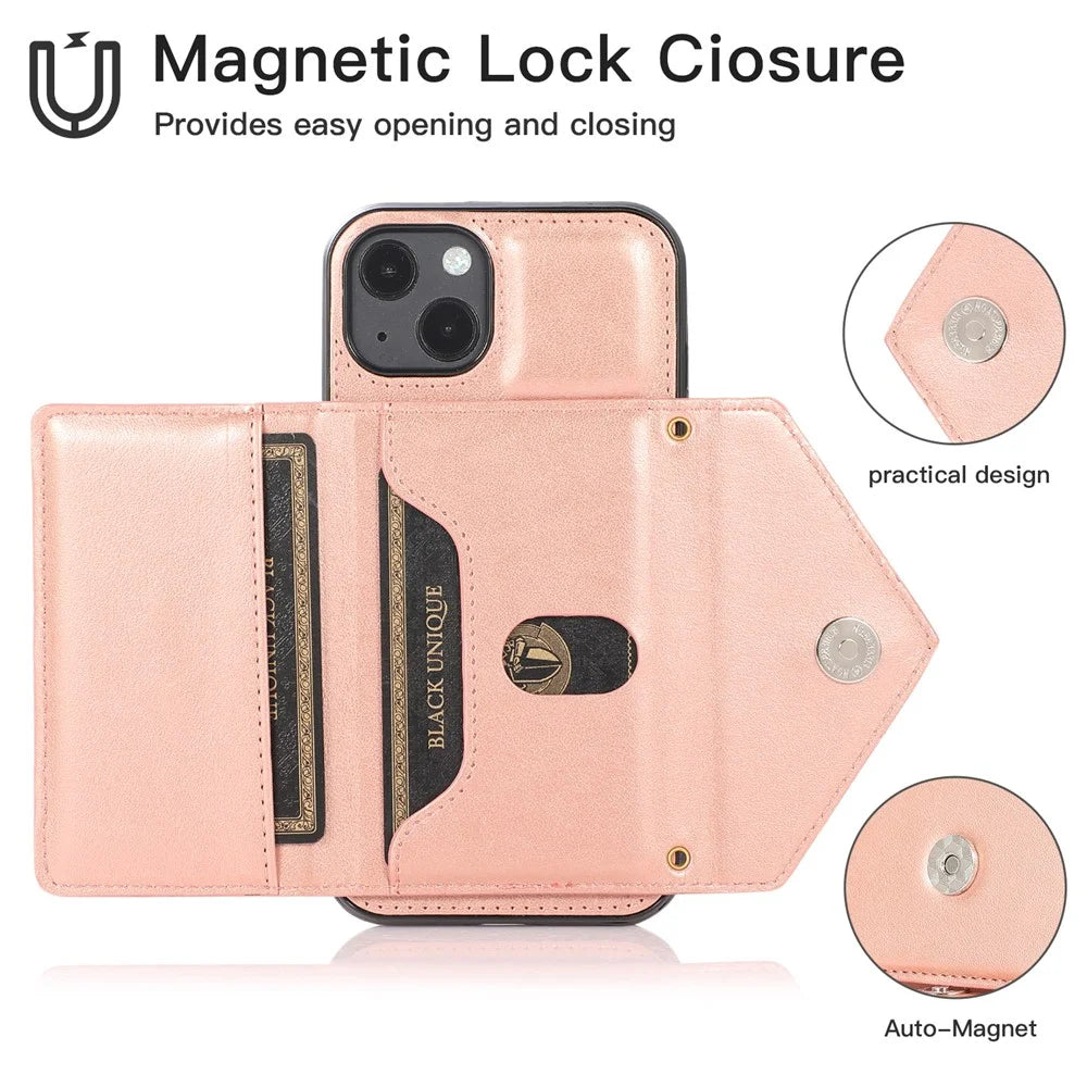 For iPhone 13 6.1 inch Cell Phone Case Card Bag Design PU+TPU Cover with Shoulder Strap - Rose Gold - 5