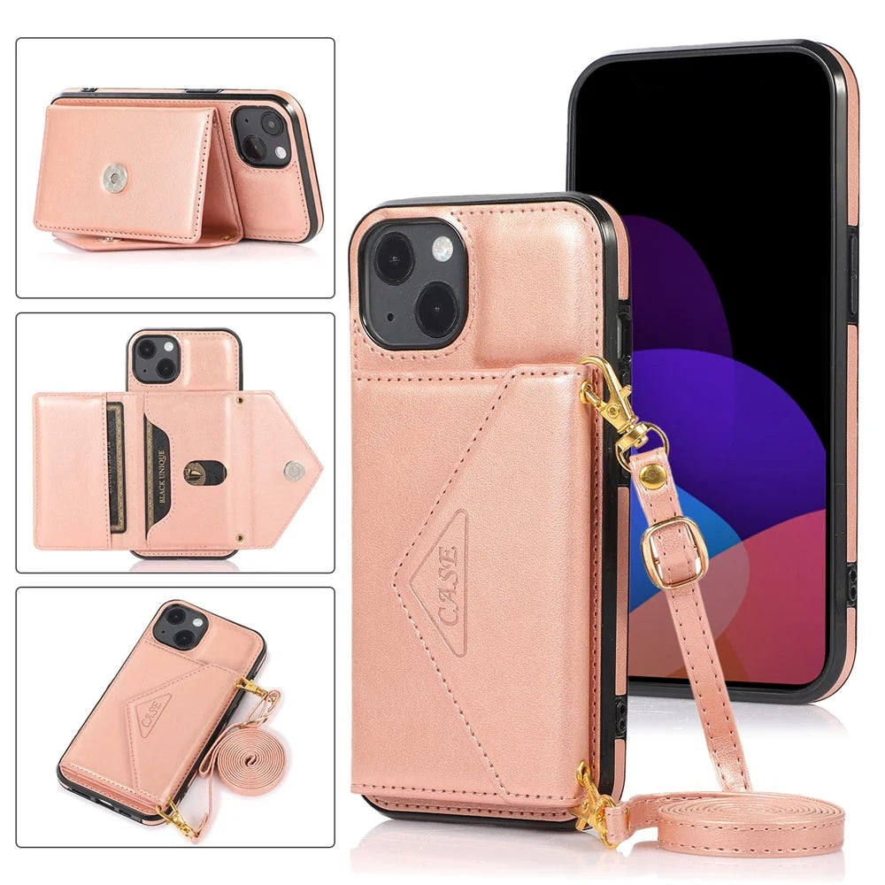 For iPhone 13 6.1 inch Cell Phone Case Card Bag Design PU+TPU Cover with Shoulder Strap - Rose Gold - 6