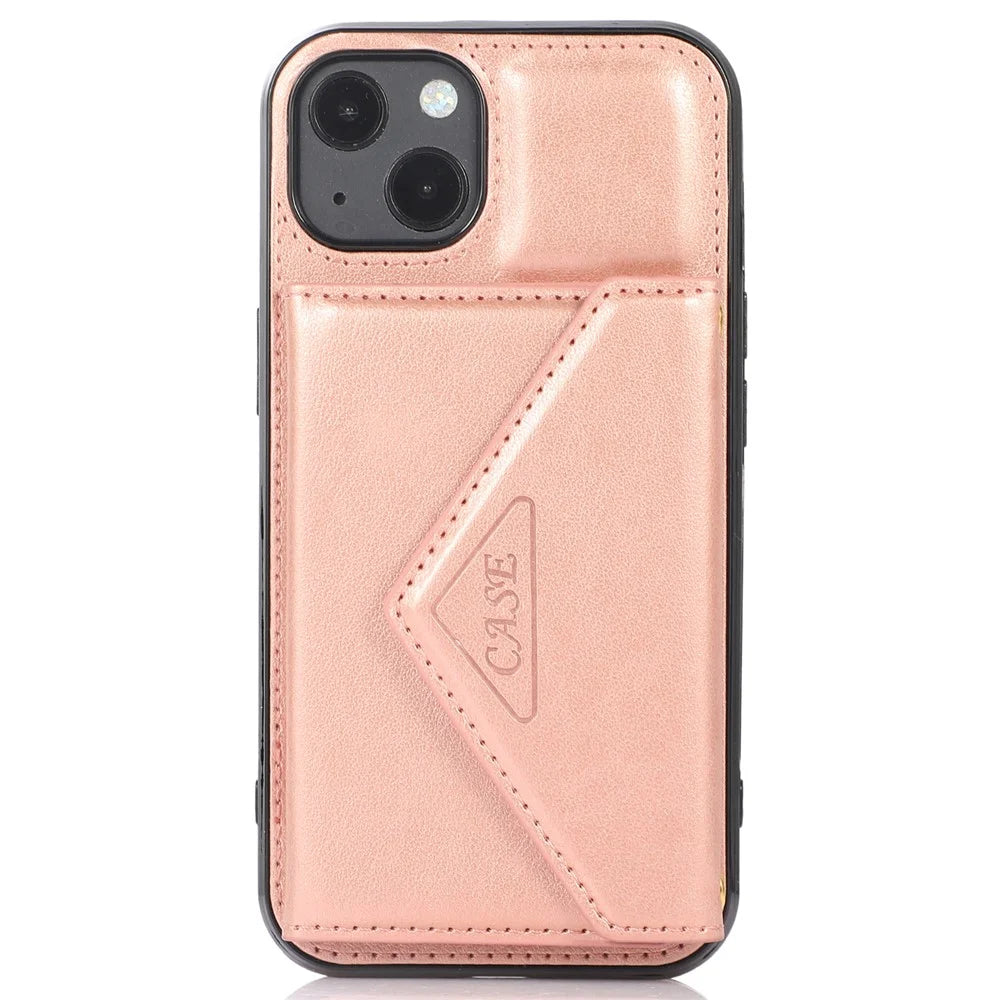 For iPhone 13 6.1 inch Cell Phone Case Card Bag Design PU+TPU Cover with Shoulder Strap - Rose Gold - 7