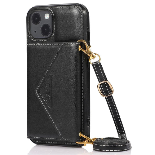 For iPhone 14 Plus Case Card Holder Kickstand PU+TPU Cellphone Cover with Shoulder Strap - Black - 1
