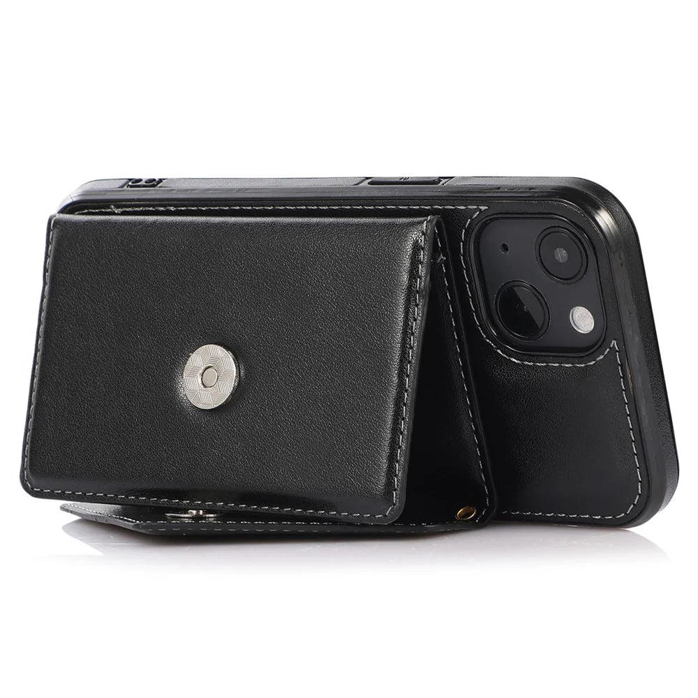 For iPhone 14 Plus Case Card Holder Kickstand PU+TPU Cellphone Cover with Shoulder Strap - Black - 2