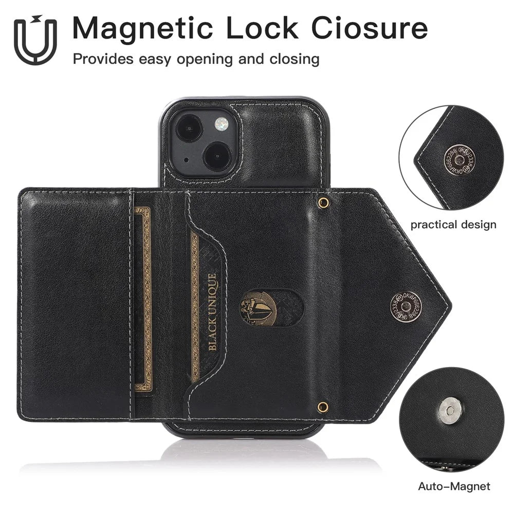 For iPhone 14 Plus Case Card Holder Kickstand PU+TPU Cellphone Cover with Shoulder Strap - Black - 5