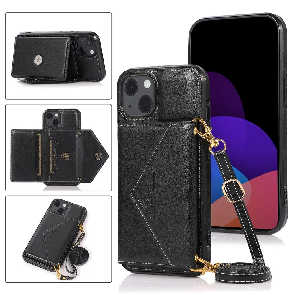 For iPhone 14 Plus Case Card Holder Kickstand PU+TPU Cellphone Cover with Shoulder Strap - Black - 6