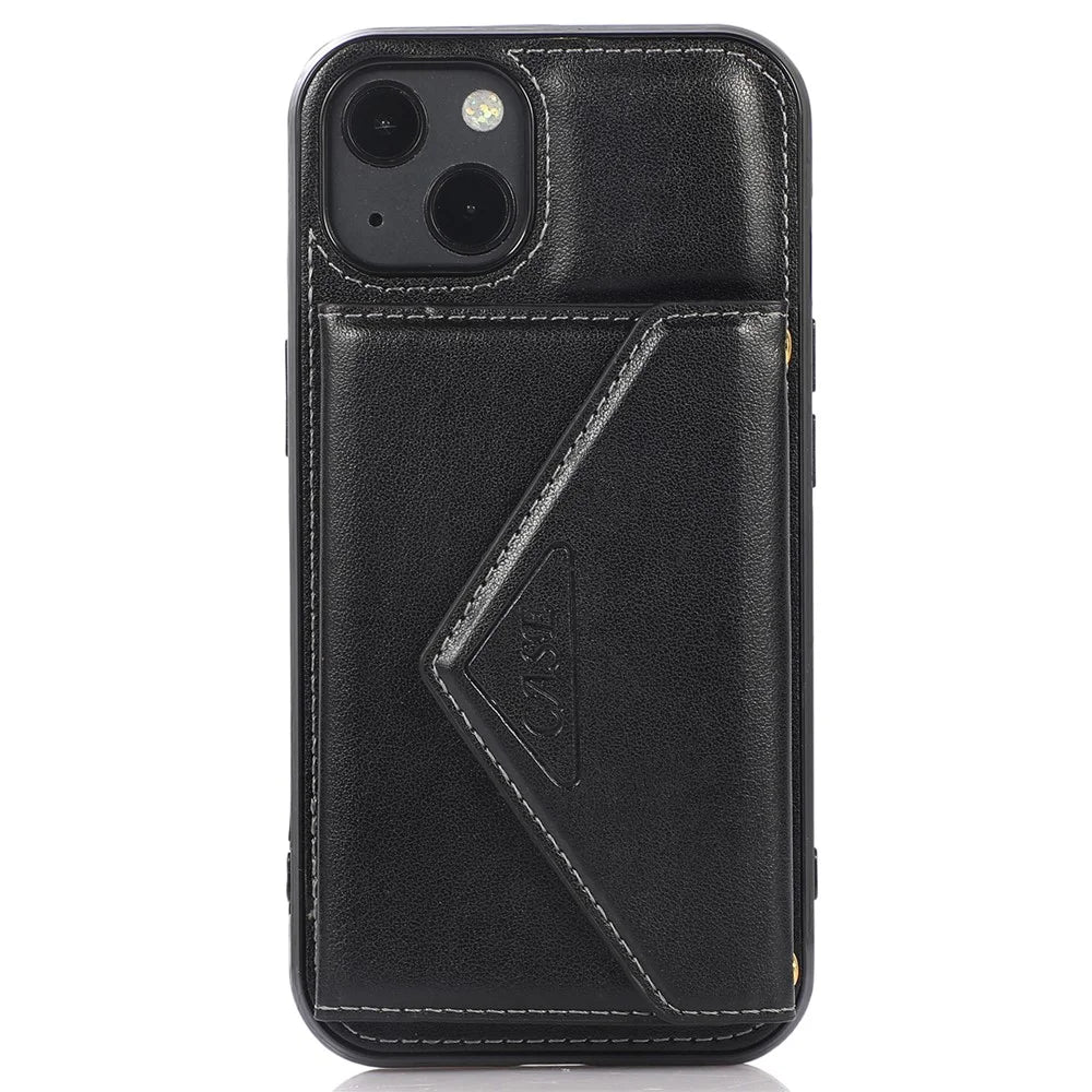 For iPhone 14 Plus Case Card Holder Kickstand PU+TPU Cellphone Cover with Shoulder Strap - Black - 7