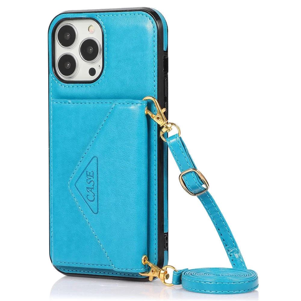 For iPhone 15 Pro Max Case Card Bag Kickstand Leather+TPU Anti-drop Crossbody Cover - Blue - 1
