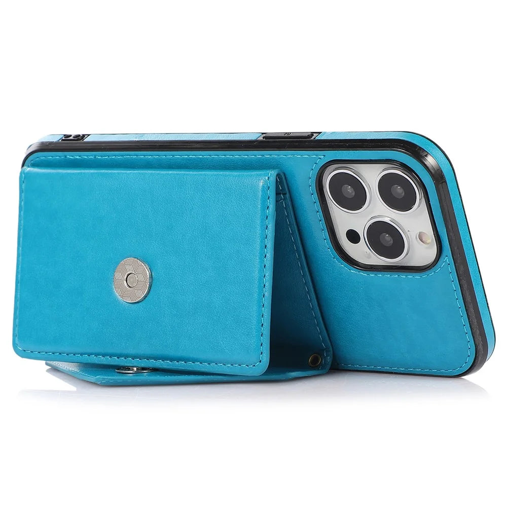 For iPhone 15 Pro Max Case Card Bag Kickstand Leather+TPU Anti-drop Crossbody Cover - Blue - 2