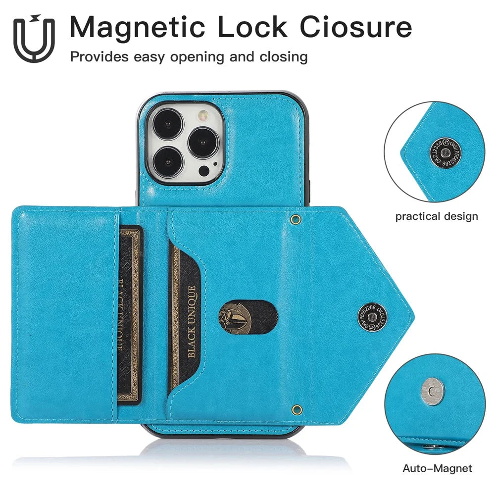 For iPhone 15 Pro Max Case Card Bag Kickstand Leather+TPU Anti-drop Crossbody Cover - Blue - 5