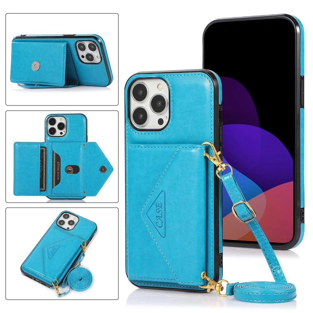 For iPhone 15 Pro Max Case Card Bag Kickstand Leather+TPU Anti-drop Crossbody Cover - Blue - 6