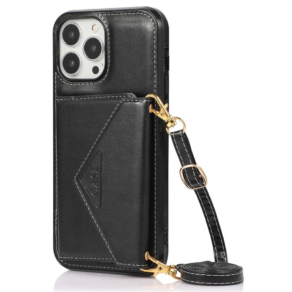 For iPhone 13 Pro Max 6.7 inch Cell Phone Case PU+TPU Anti-scratch Crossbody Cover with Card Bag - Black - 1