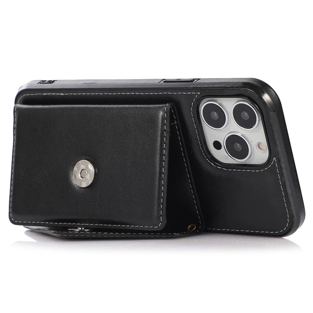 For iPhone 13 Pro Max 6.7 inch Cell Phone Case PU+TPU Anti-scratch Crossbody Cover with Card Bag - Black - 2