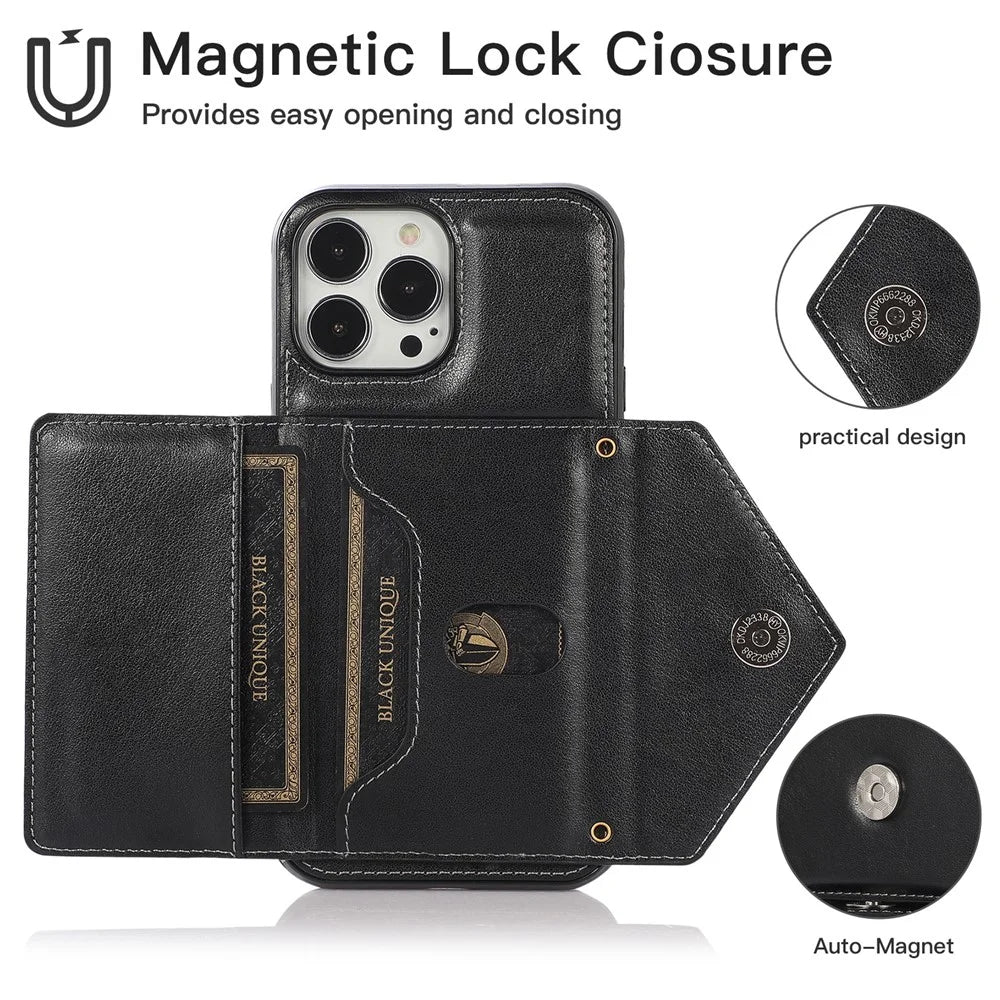 For iPhone 13 Pro Max 6.7 inch Cell Phone Case PU+TPU Anti-scratch Crossbody Cover with Card Bag - Black - 5