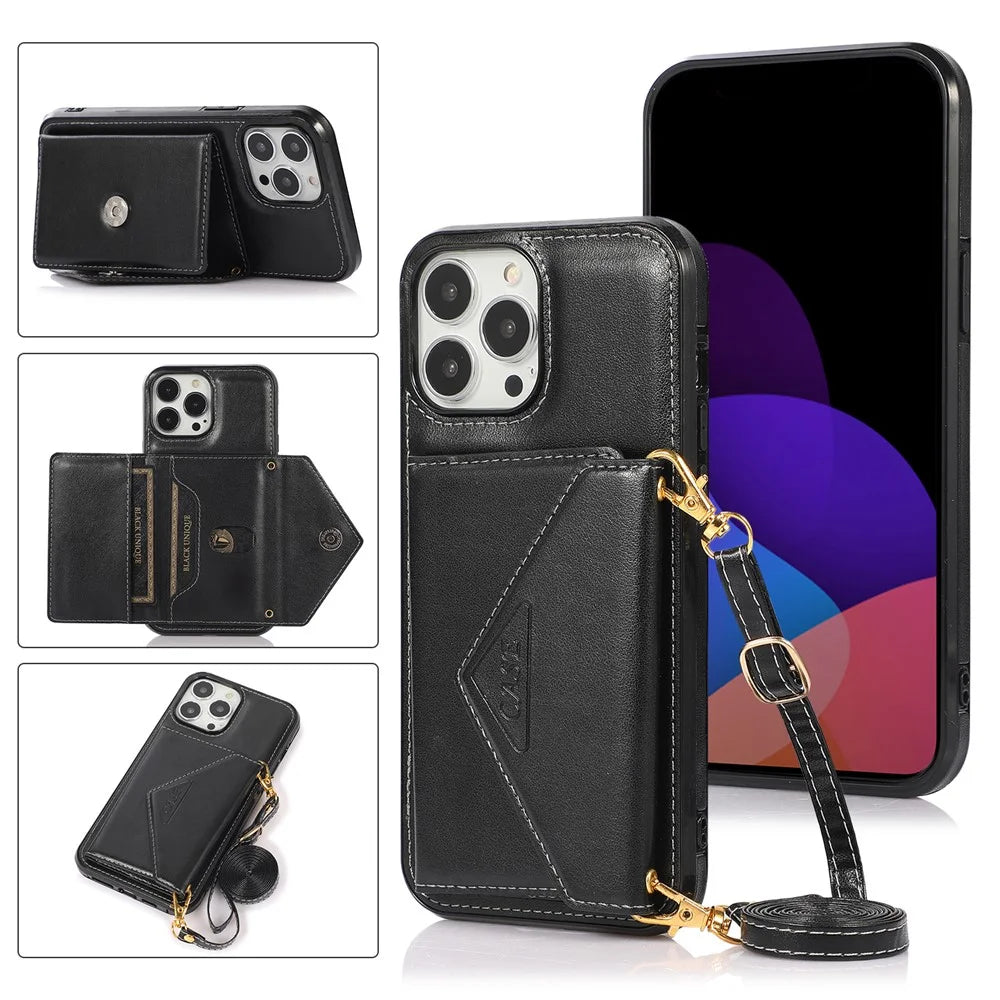 For iPhone 13 Pro Max 6.7 inch Cell Phone Case PU+TPU Anti-scratch Crossbody Cover with Card Bag - Black - 6
