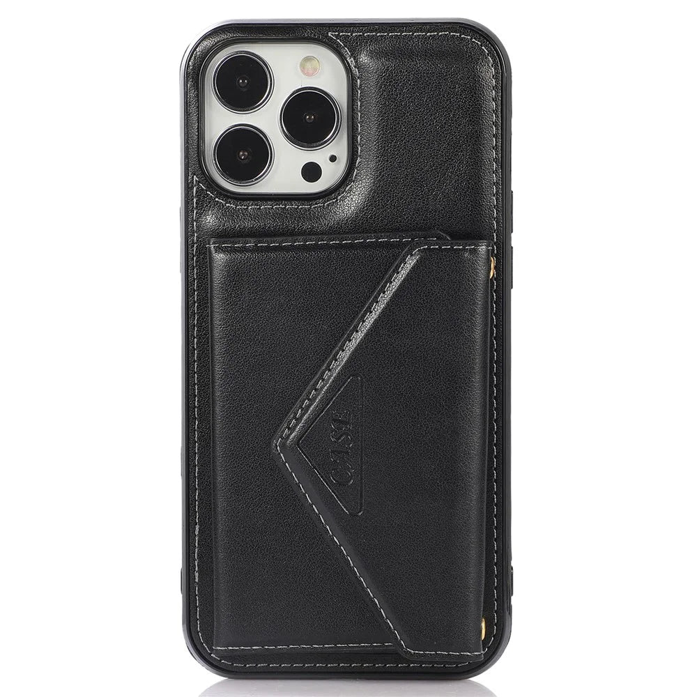 For iPhone 13 Pro Max 6.7 inch Cell Phone Case PU+TPU Anti-scratch Crossbody Cover with Card Bag - Black - 7