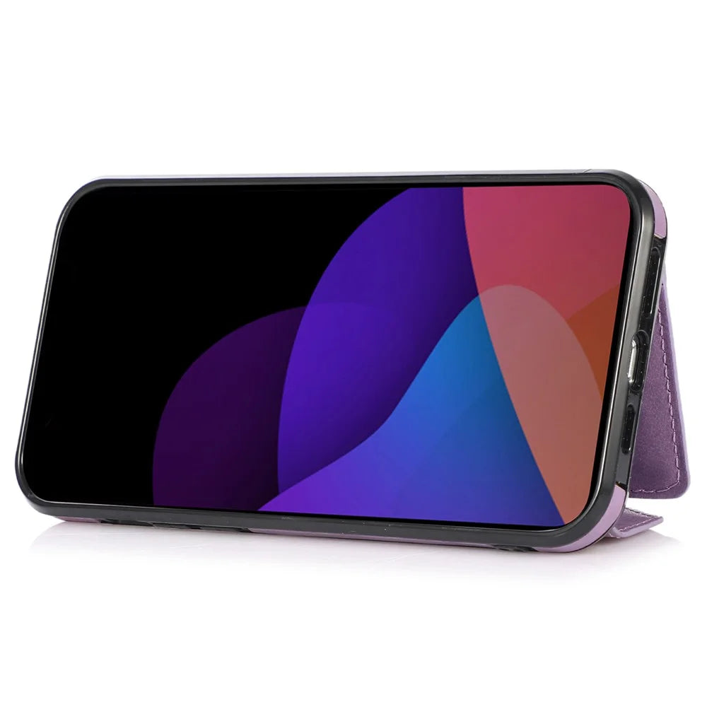 For iPhone 15 Pro Case Card Holder Drop-proof PU+TPU Phone Cover with Shoulder Strap - Purple - 3