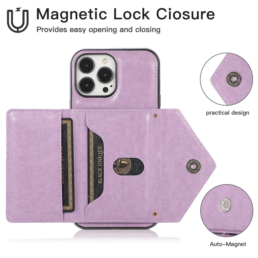 For iPhone 15 Pro Case Card Holder Drop-proof PU+TPU Phone Cover with Shoulder Strap - Purple - 5