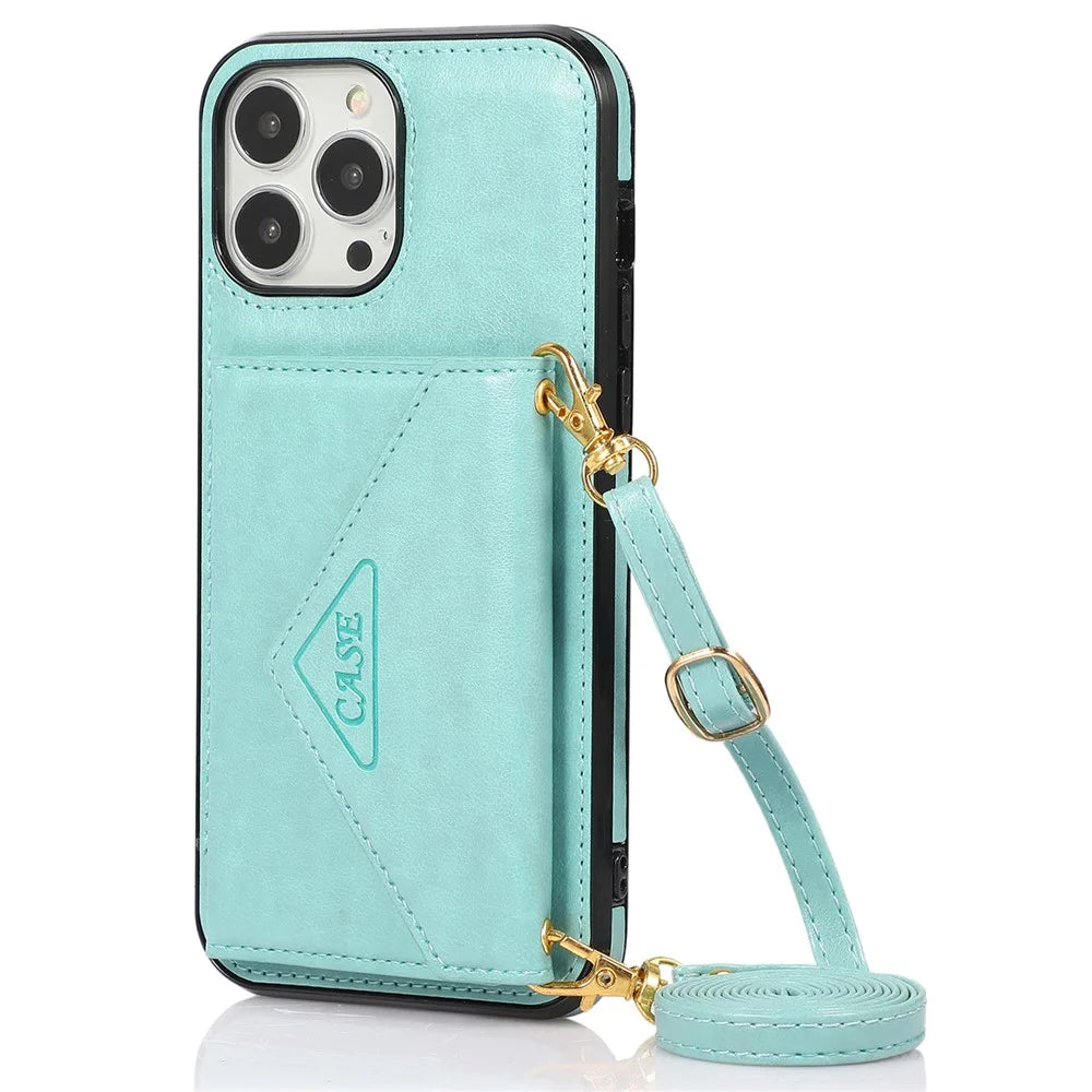 For iPhone 14 Pro Max Cell Phone Case Card Holder Anti-drop PU+TPU Cover with Long Strap - Green - 1
