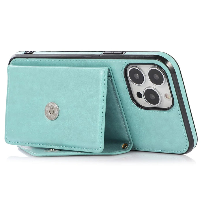 For iPhone 14 Pro Max Cell Phone Case Card Holder Anti-drop PU+TPU Cover with Long Strap - Green - 2