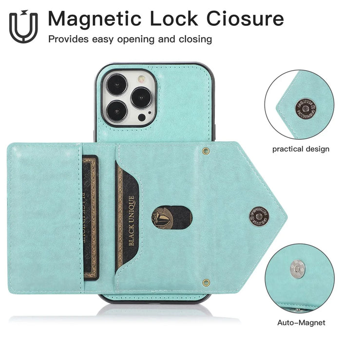 For iPhone 14 Pro Max Cell Phone Case Card Holder Anti-drop PU+TPU Cover with Long Strap - Green - 5