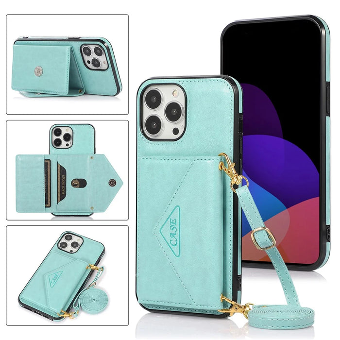 For iPhone 14 Pro Max Cell Phone Case Card Holder Anti-drop PU+TPU Cover with Long Strap - Green - 6