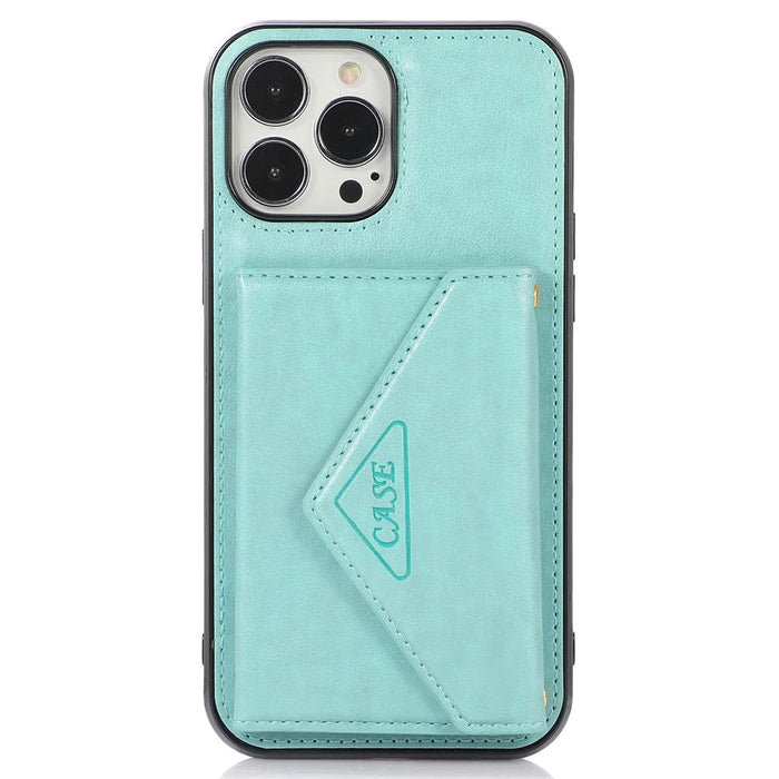 For iPhone 14 Pro Max Cell Phone Case Card Holder Anti-drop PU+TPU Cover with Long Strap - Green - 7