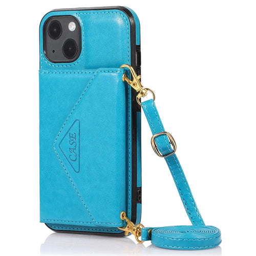 For iPhone 14 Cell Phone Case Triangle Lid Card Bag Leather+TPU Protective Crossbody Cover - Blue - 1