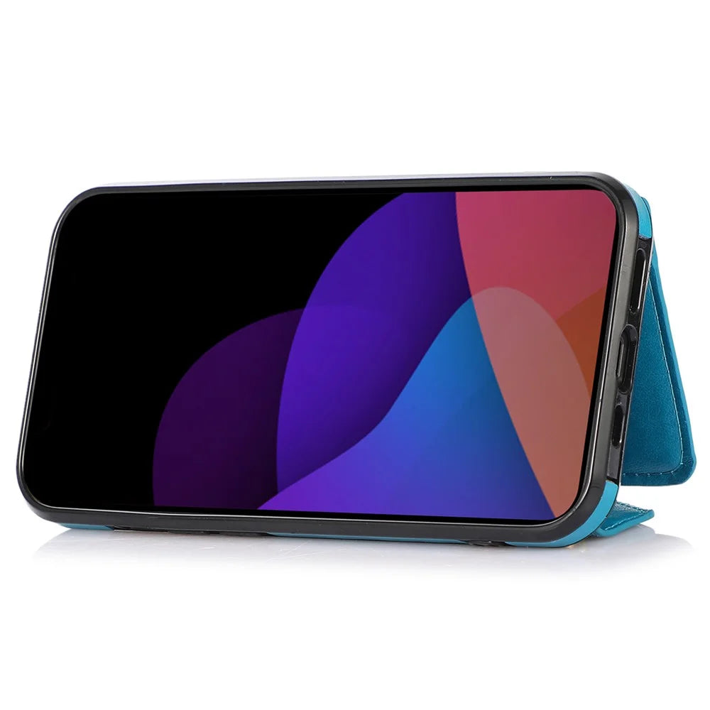 For iPhone 14 Cell Phone Case Triangle Lid Card Bag Leather+TPU Protective Crossbody Cover - Blue - 3