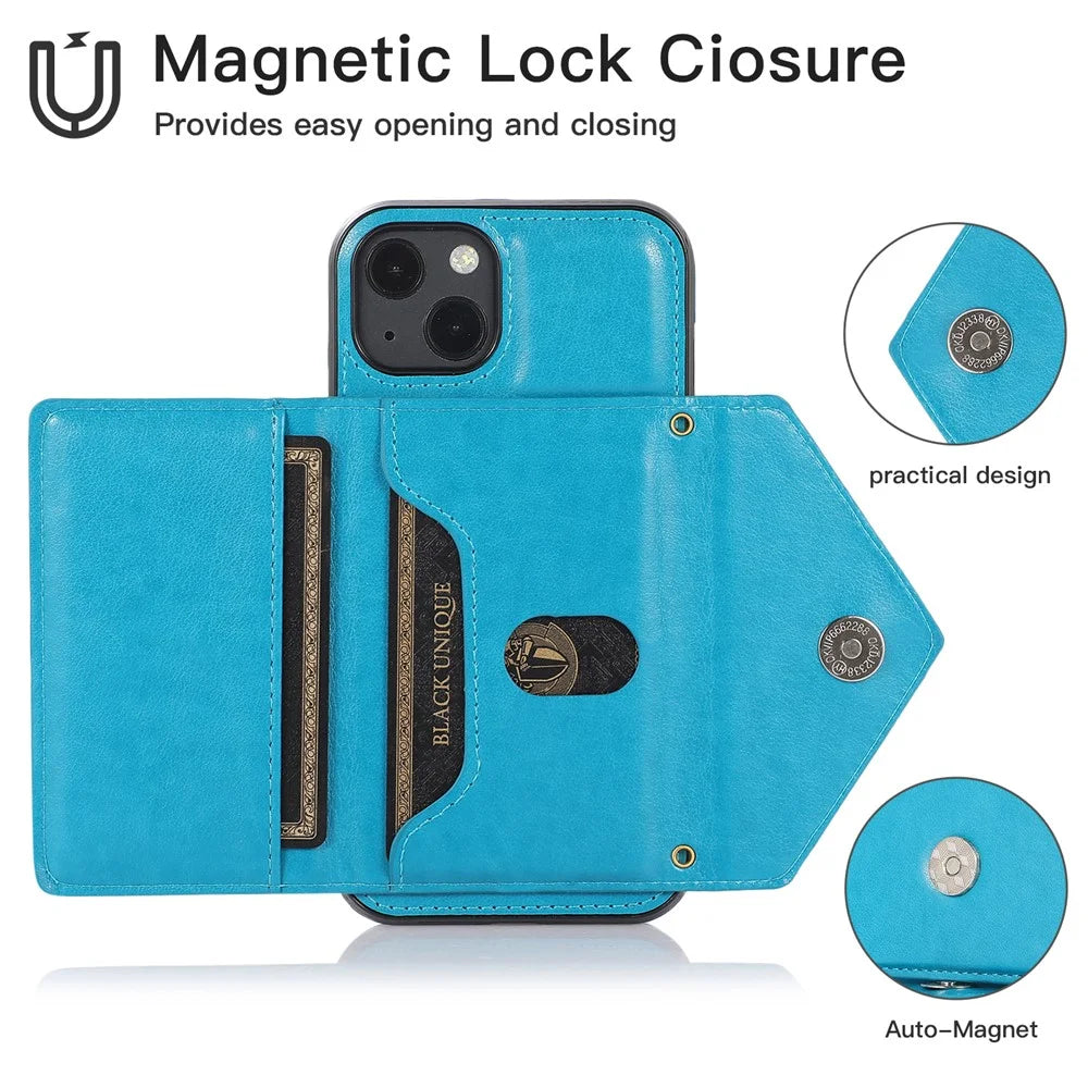For iPhone 14 Cell Phone Case Triangle Lid Card Bag Leather+TPU Protective Crossbody Cover - Blue - 5