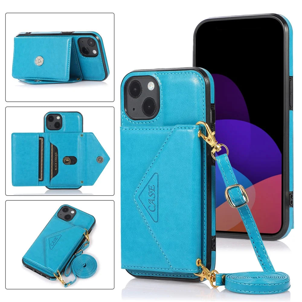 For iPhone 14 Cell Phone Case Triangle Lid Card Bag Leather+TPU Protective Crossbody Cover - Blue - 6