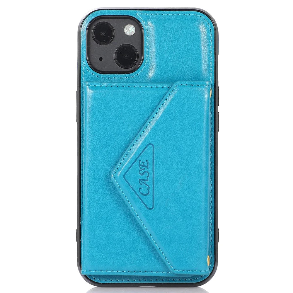 For iPhone 14 Cell Phone Case Triangle Lid Card Bag Leather+TPU Protective Crossbody Cover - Blue - 7