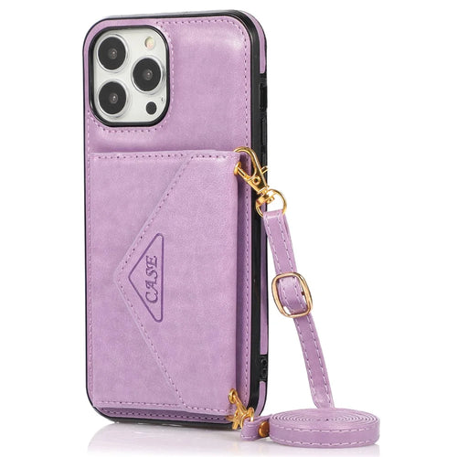 For iPhone 13 Pro 6.1 inch Cell Phone Case Leather+TPU Anti-shock Crossbody Cover with Card Bag - Purple - 1