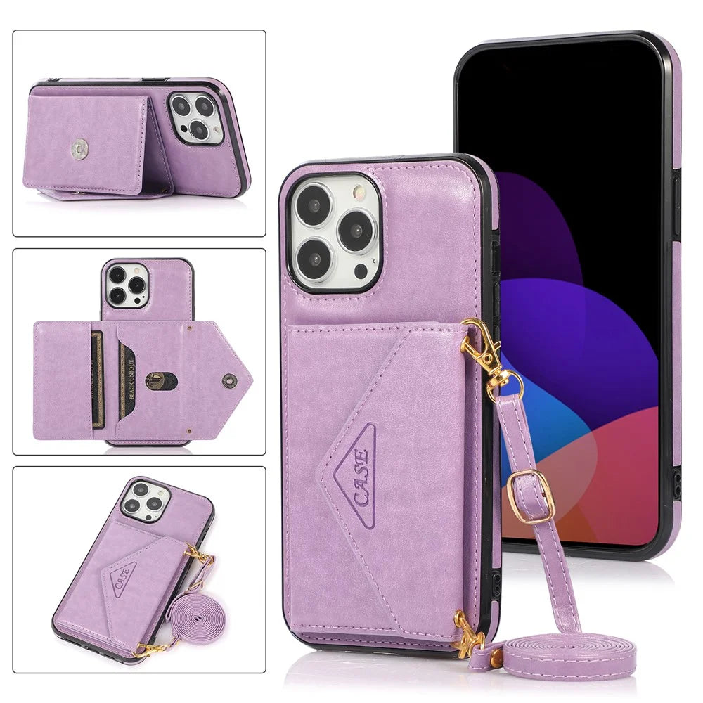 For iPhone 13 Pro 6.1 inch Cell Phone Case Leather+TPU Anti-shock Crossbody Cover with Card Bag - Purple - 6