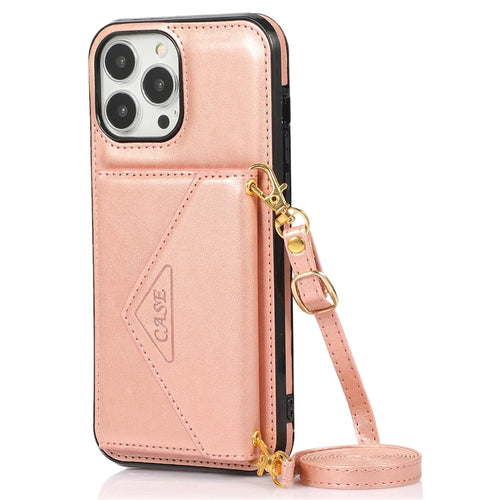 For iPhone 14 Pro Case Card Holder Kickstand Leather+TPU Cover with Long Strap - Rose Gold - 1