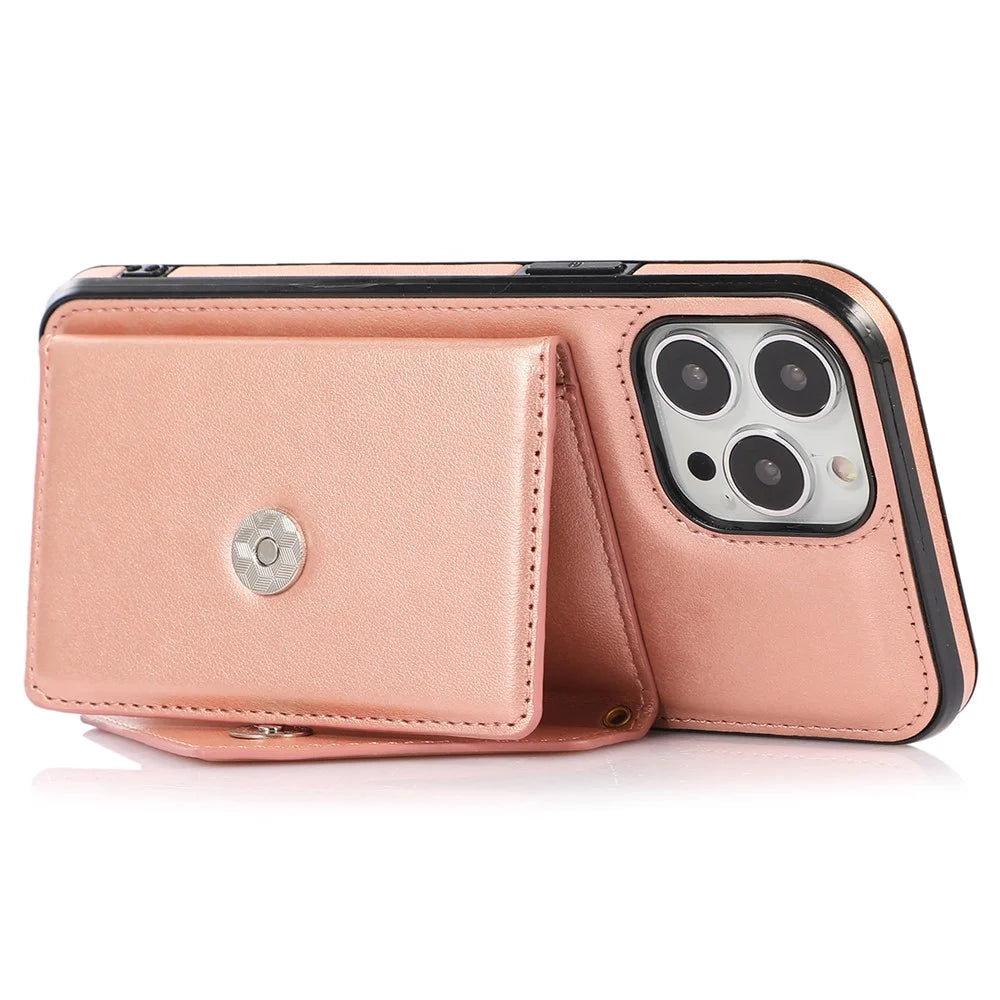 For iPhone 14 Pro Case Card Holder Kickstand Leather+TPU Cover with Long Strap - Rose Gold - 2