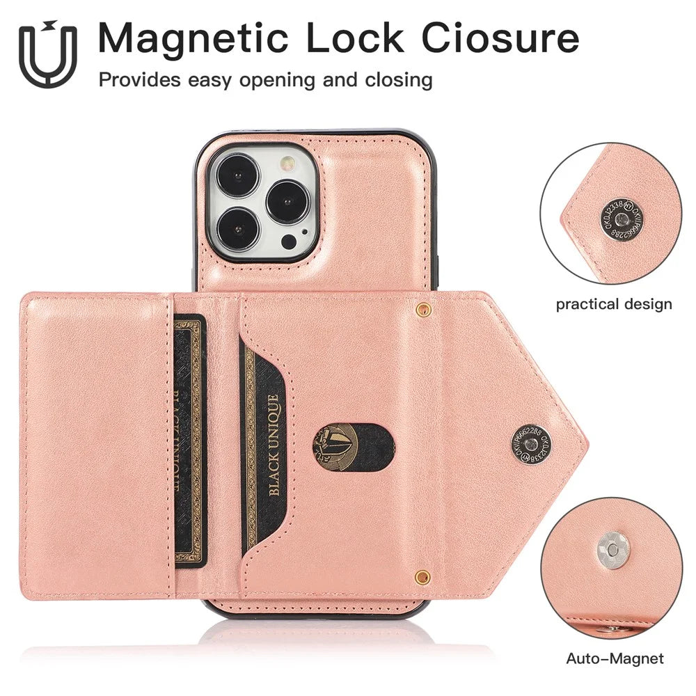 For iPhone 14 Pro Case Card Holder Kickstand Leather+TPU Cover with Long Strap - Rose Gold - 5