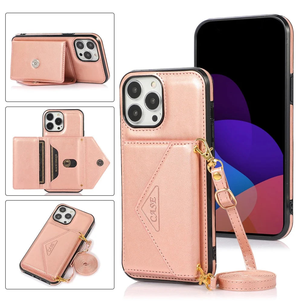 For iPhone 14 Pro Case Card Holder Kickstand Leather+TPU Cover with Long Strap - Rose Gold - 6