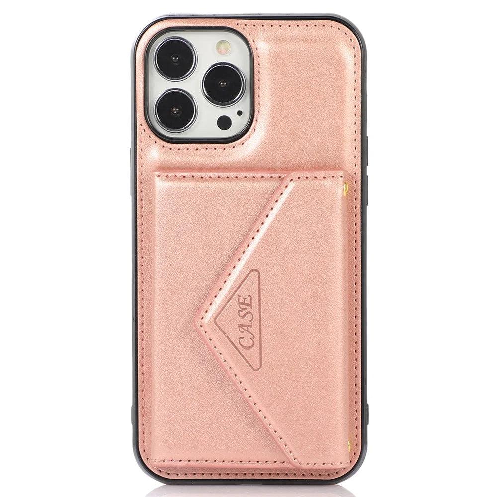 For iPhone 14 Pro Case Card Holder Kickstand Leather+TPU Cover with Long Strap - Rose Gold - 7