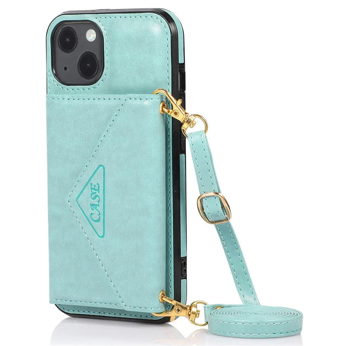 For iPhone 15 Plus Case PU Leather+TPU Card Holder Anti-fall Cover with Long Strap - Green - 1