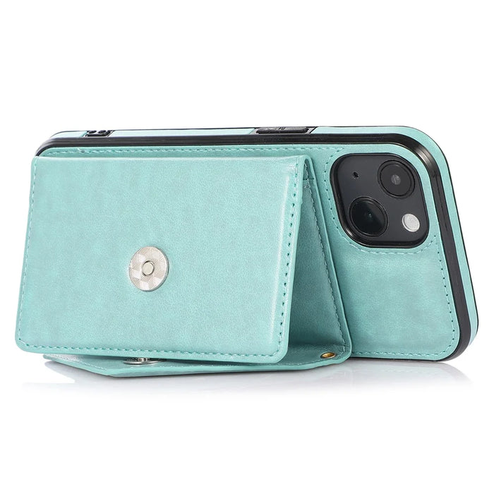 For iPhone 15 Plus Case PU Leather+TPU Card Holder Anti-fall Cover with Long Strap - Green - 2