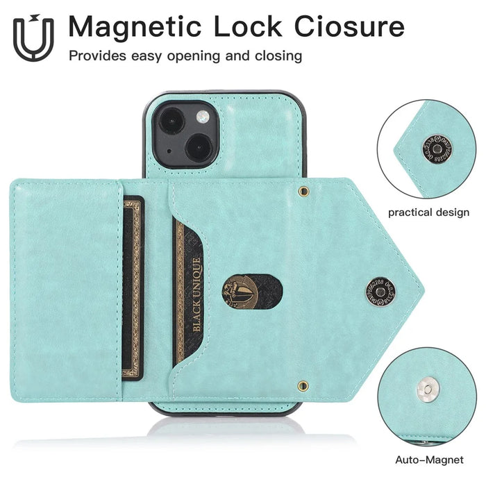 For iPhone 15 Plus Case PU Leather+TPU Card Holder Anti-fall Cover with Long Strap - Green - 5