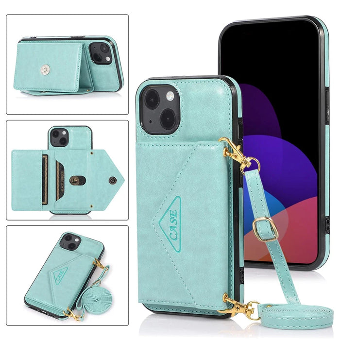 For iPhone 15 Plus Case PU Leather+TPU Card Holder Anti-fall Cover with Long Strap - Green - 6