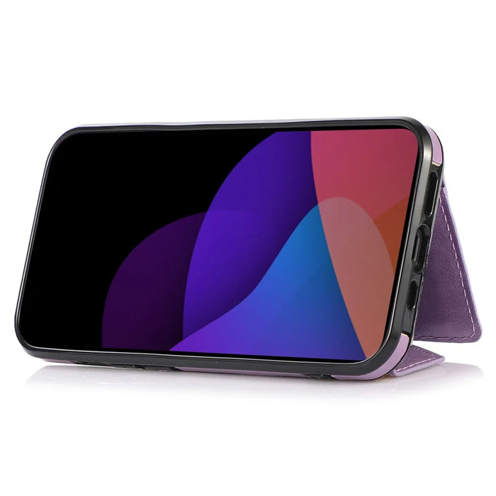 For iPhone 15 Cell Phone Case Triangle Lid Card Bag Leather+TPU Cover with Long Strap - Purple - 3