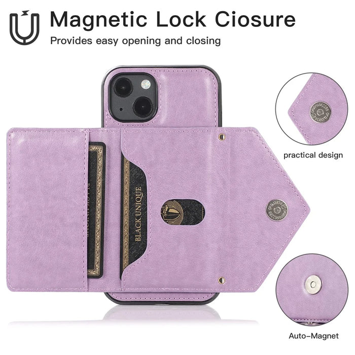 For iPhone 15 Cell Phone Case Triangle Lid Card Bag Leather+TPU Cover with Long Strap - Purple - 5