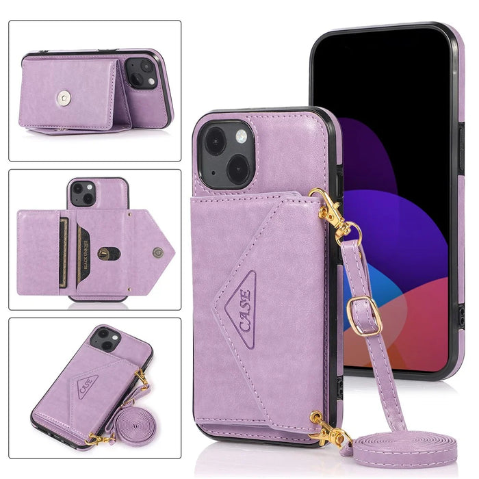For iPhone 15 Cell Phone Case Triangle Lid Card Bag Leather+TPU Cover with Long Strap - Purple - 6
