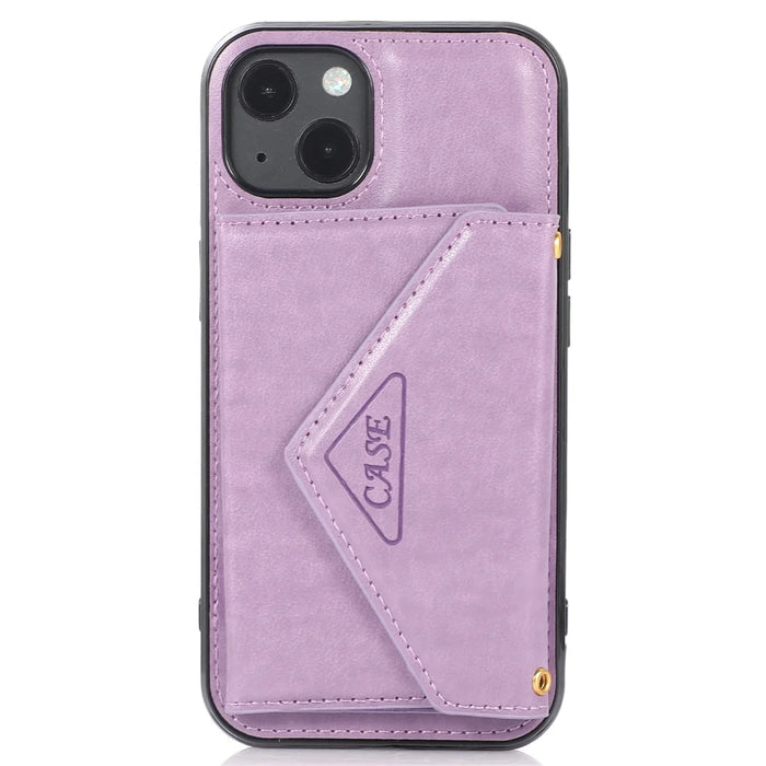For iPhone 15 Cell Phone Case Triangle Lid Card Bag Leather+TPU Cover with Long Strap - Purple - 7